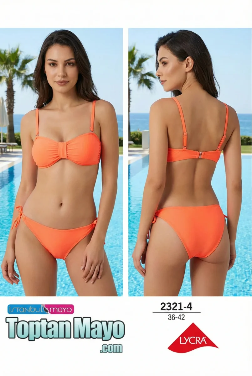 İstanbul Mayo 2321-4 Neon Turuncu Büzgülü Straplez Bikini Takımı (36-42 Seri) - 1