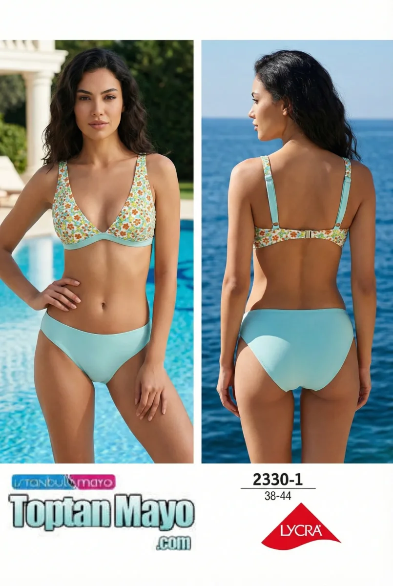İstanbul Mayo 2330-1 Çiçek Desenli Kalın Askılı Toparlayıcı Bikini Takımı (38-44 Seri) - 1