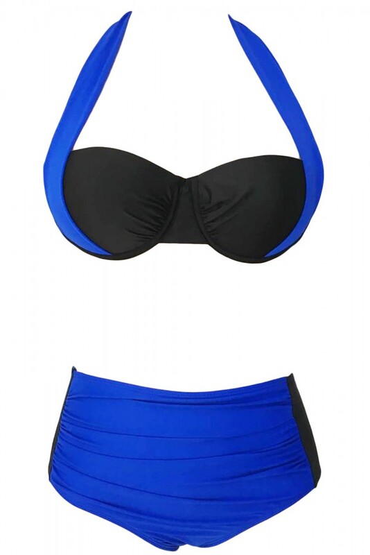 Kaplı Mavi Siyah Şık Tasarımlı Yüksek Bel Bikini - Thumbnail