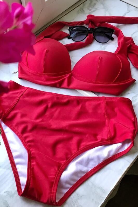 Kırmızı Yuksek Bel Bikini Takım