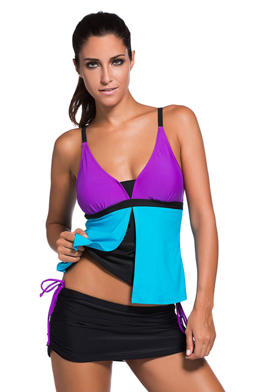 Şık Renkli Tankini Etekli Bikini Takım - 4