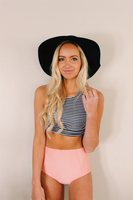Altı Pembe Üstü Cizgili Yüksek Bel Tankini Bikini Takım - 3