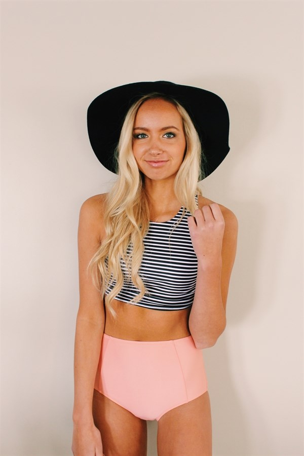 Altı Pembe Üstü Cizgili Yüksek Bel Tankini Bikini Takım - 3