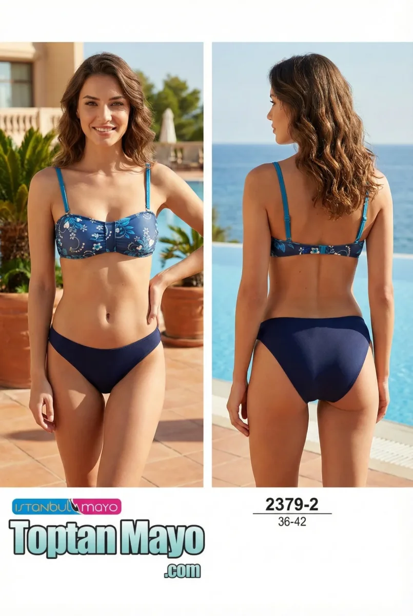 Toptan Kadın Mavi Çiçek Desenli Straplez Kesim Bikini Takımı - 1