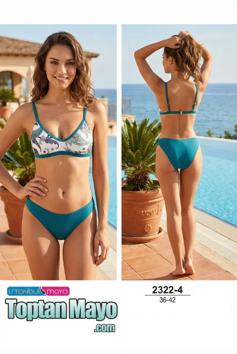 Toptan Kadın Petrol Yeşili Etnik Desenli Bralet Bikini Takımı - 1