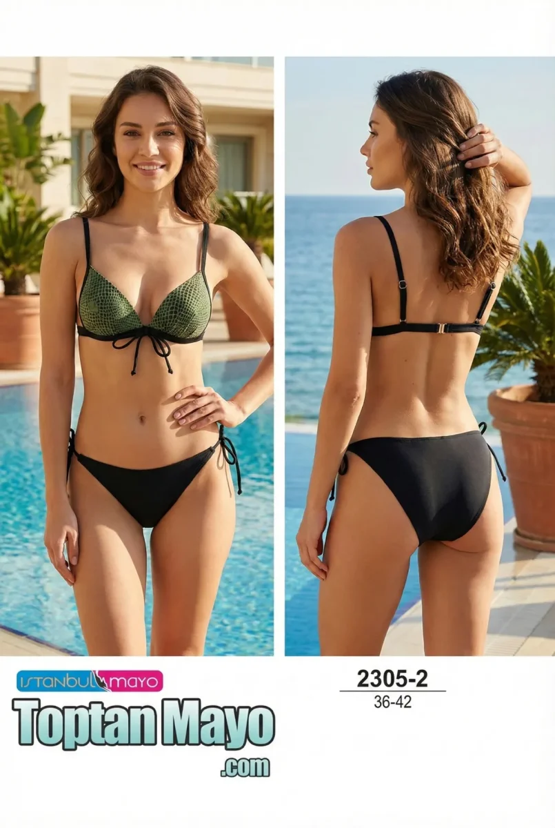 İstanbul Mayo 2305-2 Yeşil Dokulu Üçgen Bikini Takımı (36-42 Seri) - 1