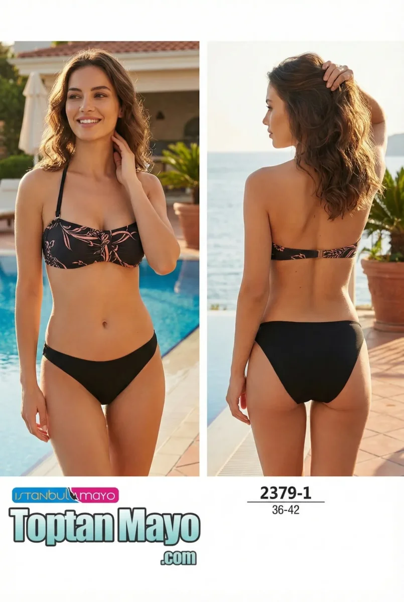 Toptan Kadın Siyah Desenli Boyundan Bağlamalı Bikini Takımı - 1