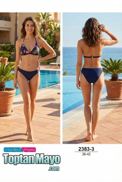 Toptan Kadın Lacivert Tropikal Desenli Üçgen Bikini Takımı - İstanbul Swimwear