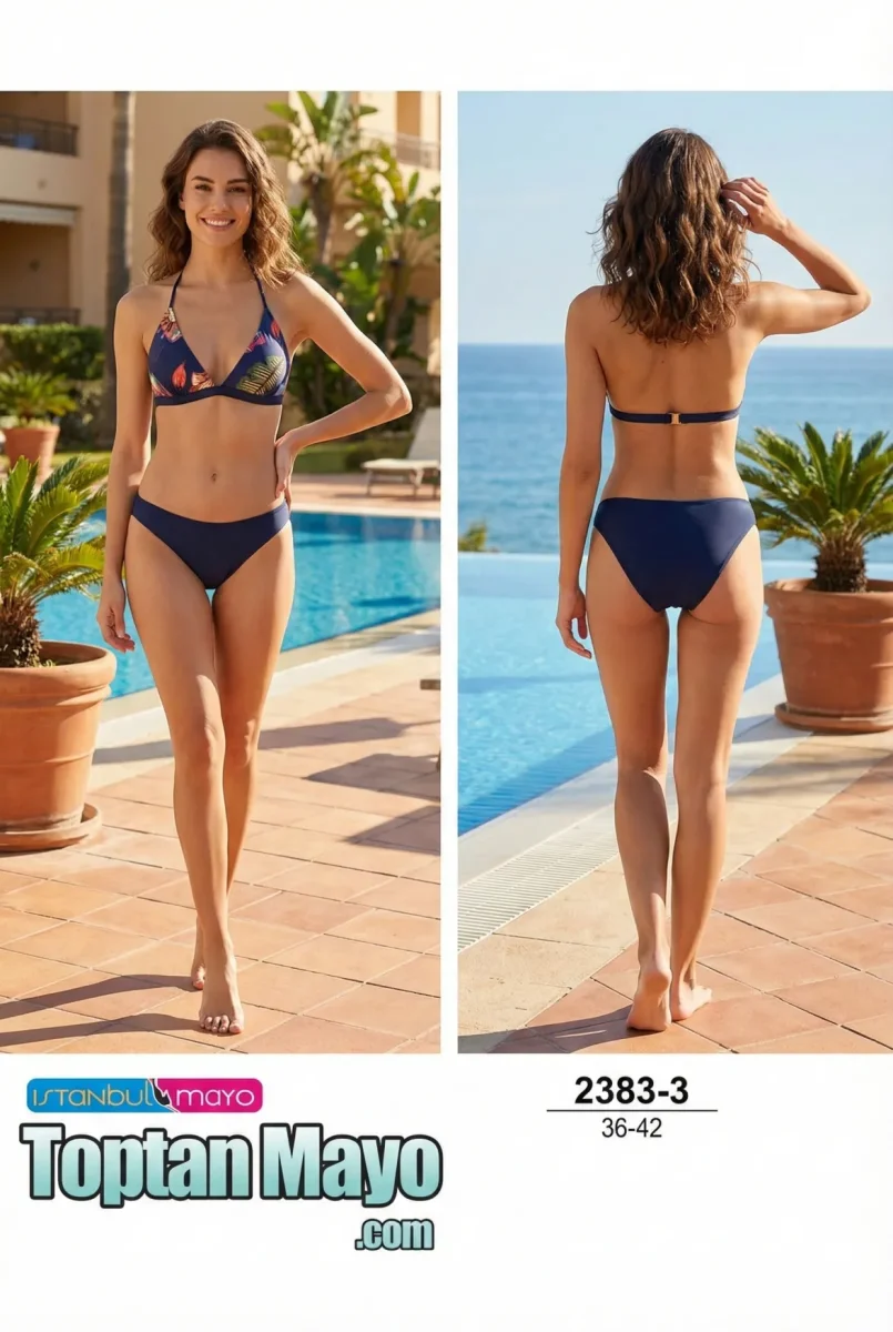 Toptan Kadın Lacivert Tropikal Desenli Üçgen Bikini Takımı - 1
