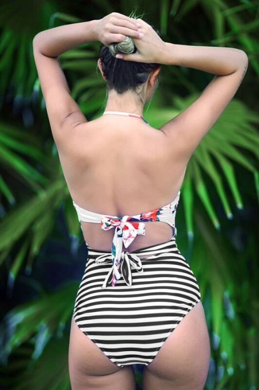 Çiçek Desenli Altı Çizgili Mayokini - 2