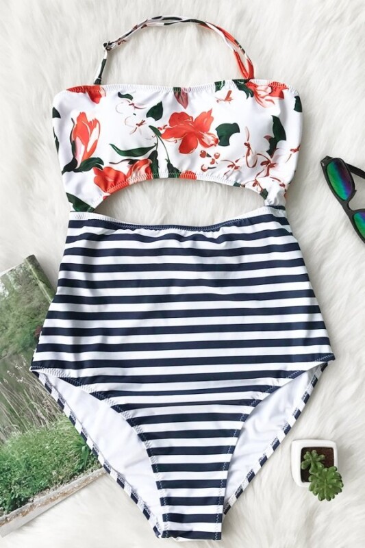 Çiçek Desenli Altı Çizgili Mayokini - 5