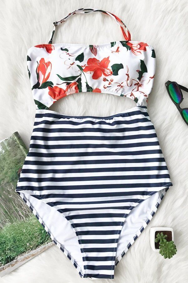 Çiçek Desenli Altı Çizgili Mayokini - 5