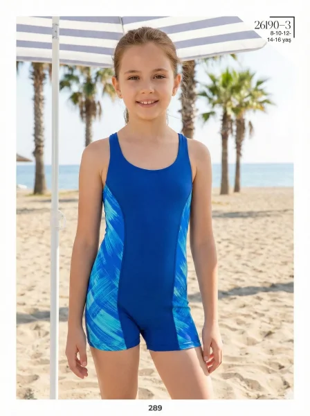 Toptan 2026 Şortlu Kız Çocuk Mayo - Mavi Fırça Darbesi Desenli Model - İstanbul Mayo - İstanbul Mayo