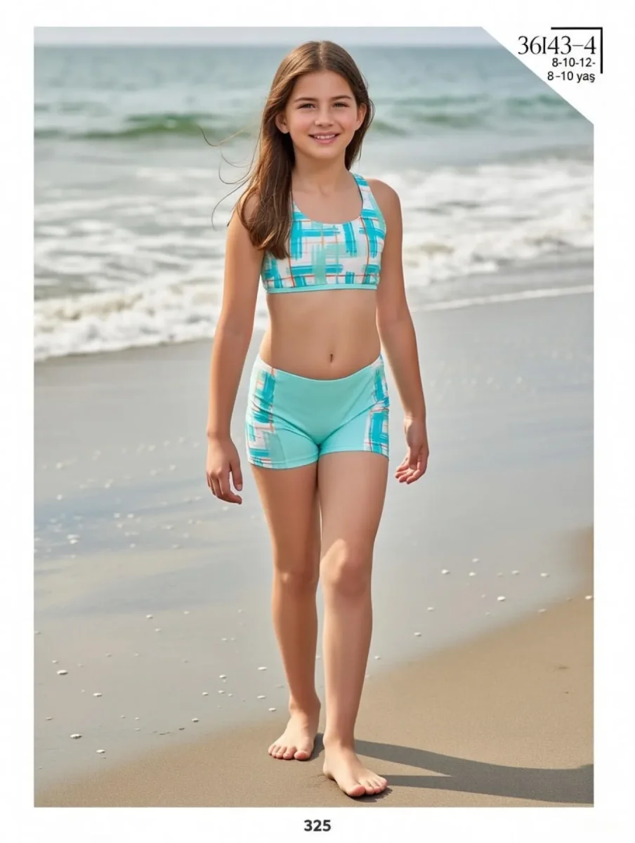 Toptan 2026 Çocuk Plaj Giyim - Turkuaz Geometrik Desenli Şortlu Takım - İstanbul Mayo - 1