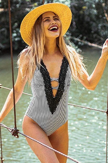 Dantel İşlemeli Siyah Beyaz Mayo - 2