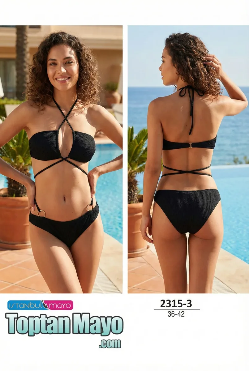 İstanbul Mayo 2315-3 Siyah Dokulu Pencereli ve İpli Bikini Takımı (36-42 Seri) - 1