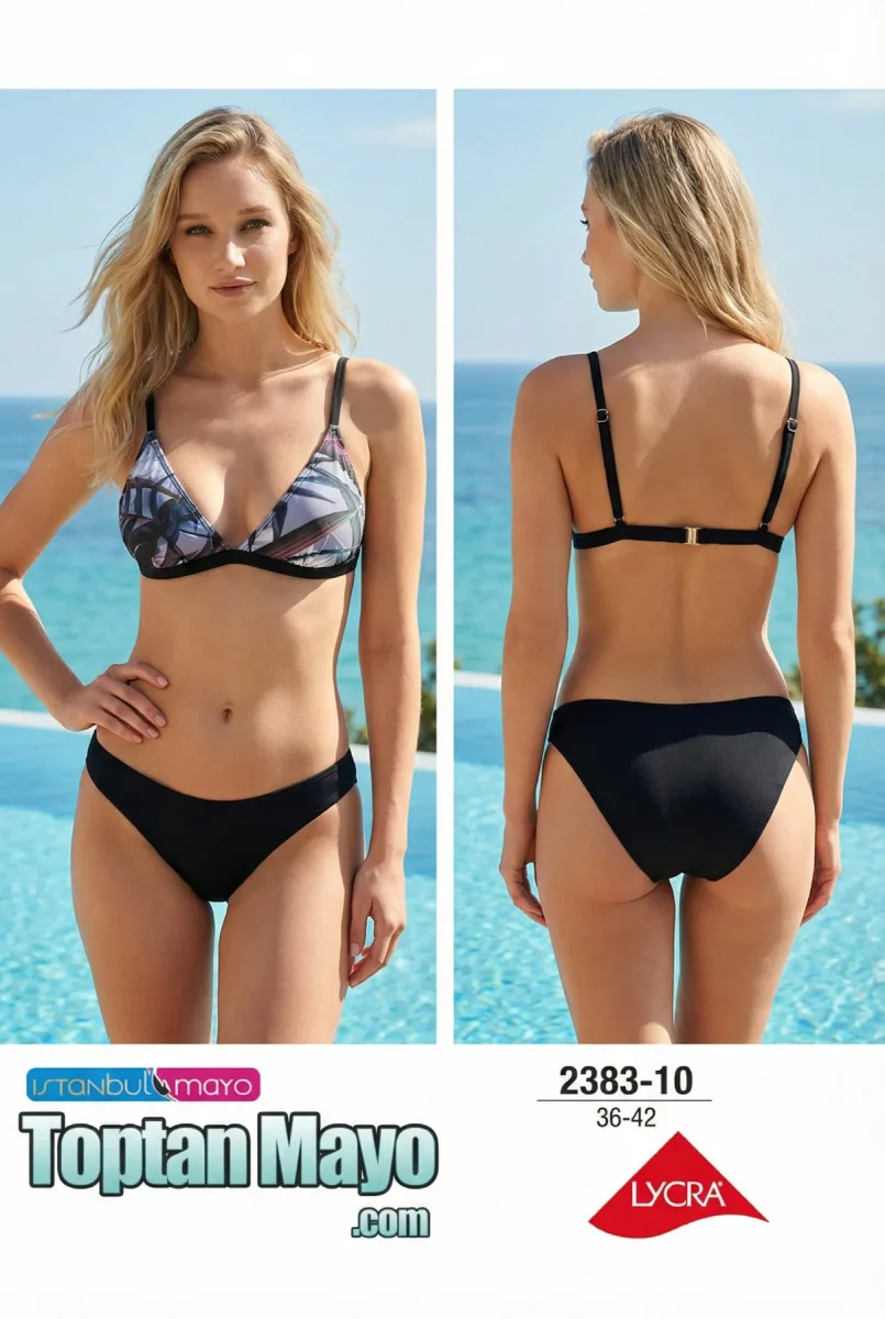 Toptan İstanbul Swimwear Siyah Bantlı Tropik Desenli Üçgen Bikini Takımı (Kod: 2383-10) - 1