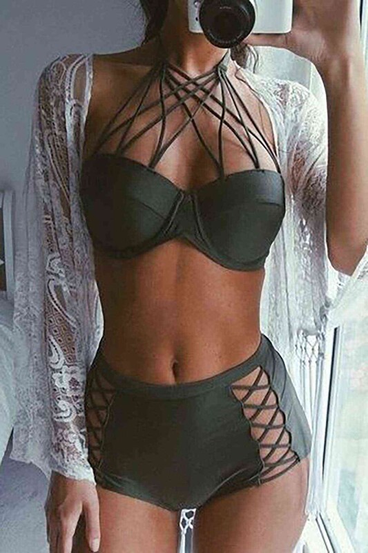 Haki Yeşil Yüksek Bel Bikini Takım - 3