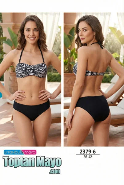 Toptan Kadın Siyah Beyaz Desenli Boyundan Bağlamalı Bikini Takımı - İstanbul Swimwear