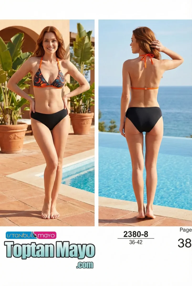 Toptan Kadın Siyah Turuncu Geometrik Desenli Üçgen Bikini Takımı - 1