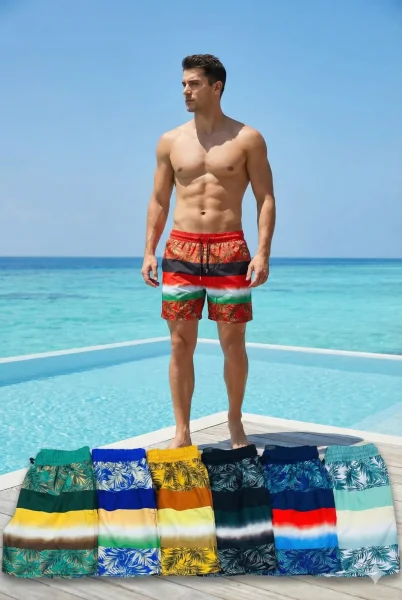 Tropikal Palmiye Yaprağı Desenli Şeritli Erkek Deniz Şortu - İstanbul Mayo