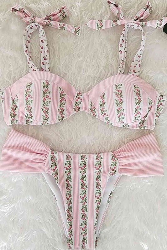 Özel Tasarım Desenli Bikini Takım Pembe - 3