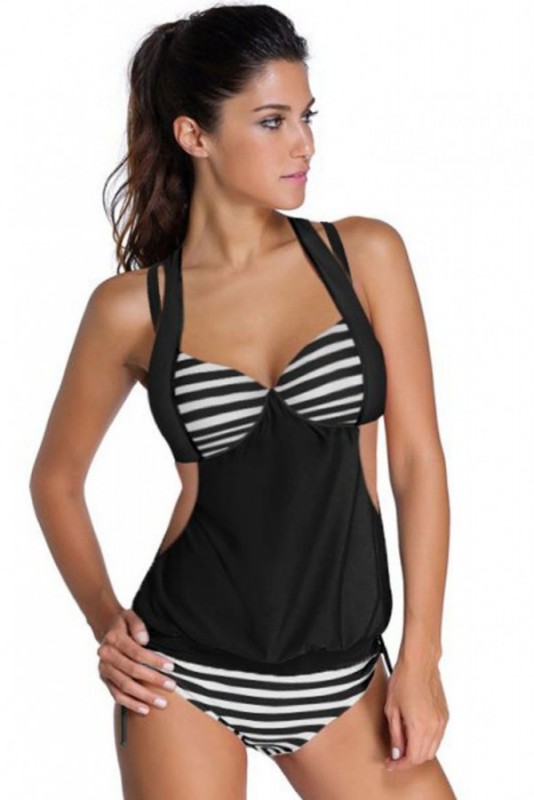 Siyah Beyaz Cizgili Kaplı Tankini Bikini Takım - 1