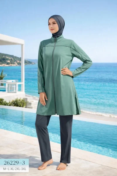 Sade Tasarım Fermuarlı Toptan Tesettür Mayo – Tam Kapalı Model - İstanbul Mayo