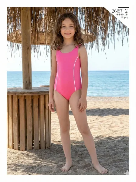 Toptan 2026 Kız Çocuk Mayo - Pembe Beyaz Biyeli Model - İstanbul Mayo - İstanbul Mayo