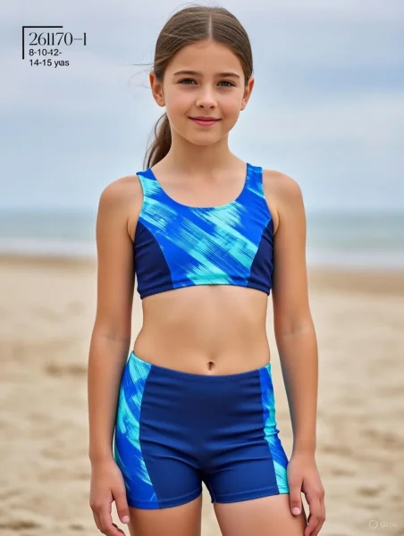 Toptan 2026 10-16 Yaş Bikini Modelleri - Lacivert Turkuaz Desenli Şortlu Takım - İstanbul Mayo - İstanbul Mayo