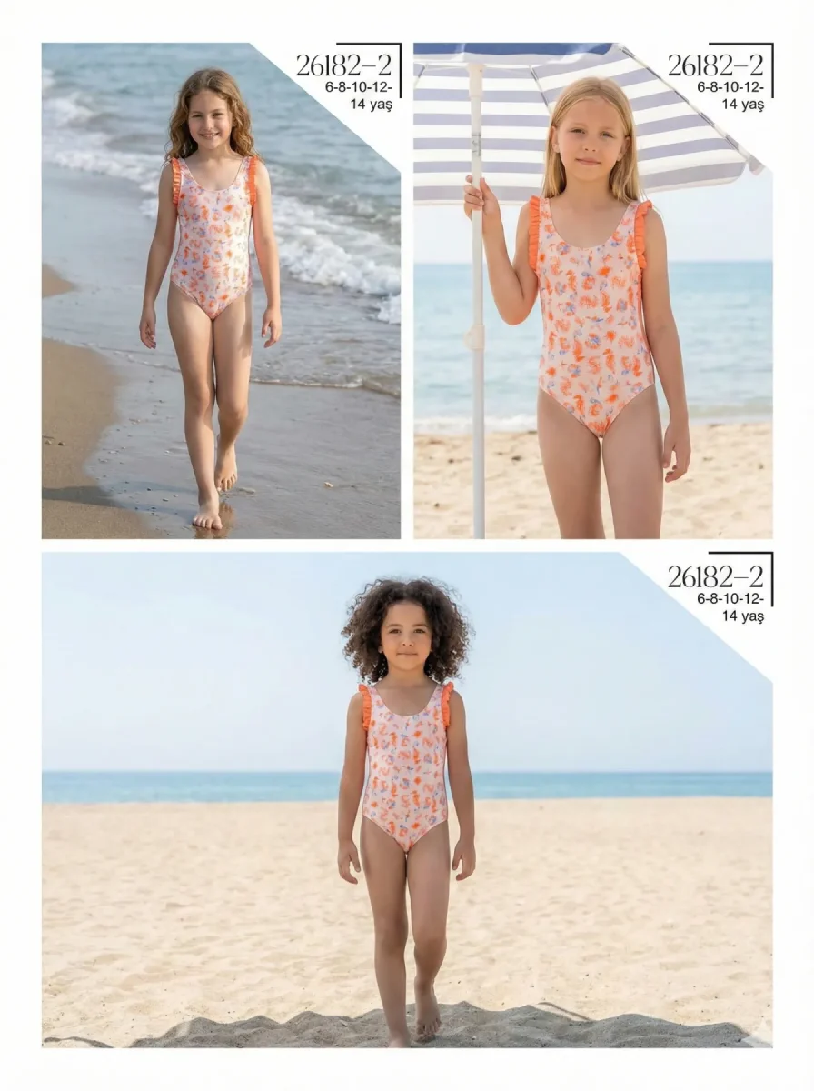 Toptan 2026 Lila Desenli Fiyonk Detaylı Kız Çocuk Mayo - İstanbul Mayo - Kopya - 1