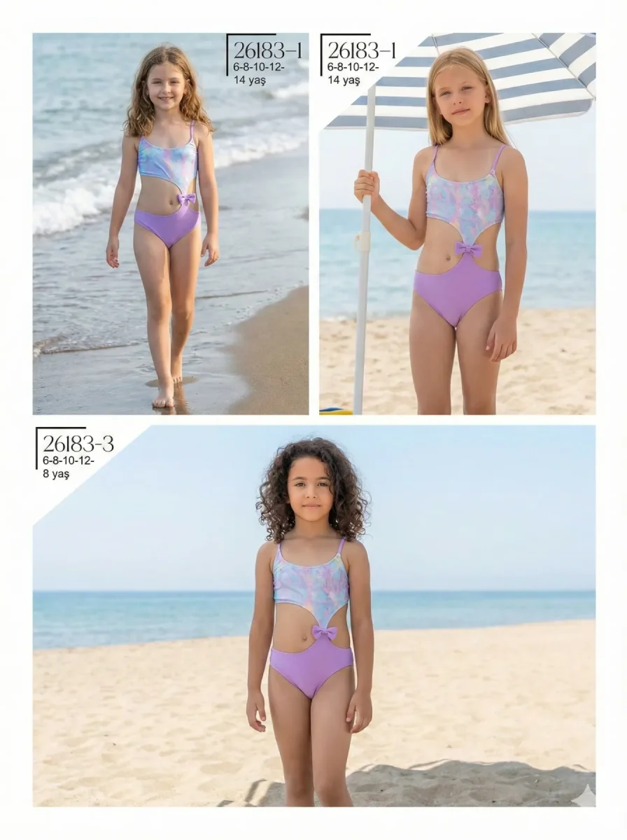 Toptan 2026 Lila Desenli Fiyonk Detaylı Kız Çocuk Mayo - İstanbul Mayo - 1