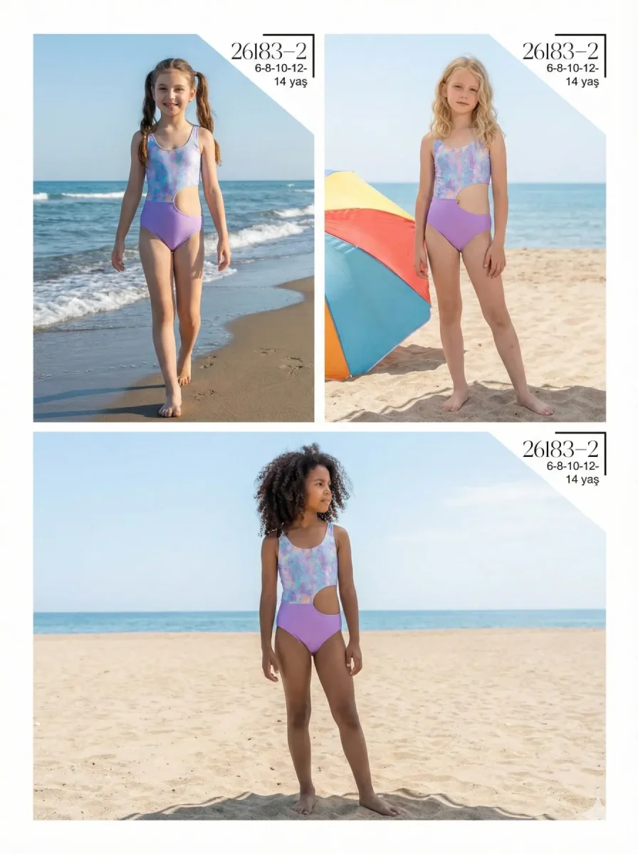 Toptan 2026 Lila Desenli Pencere Detaylı Kız Çocuk Mayo - İstanbul Mayo - 1