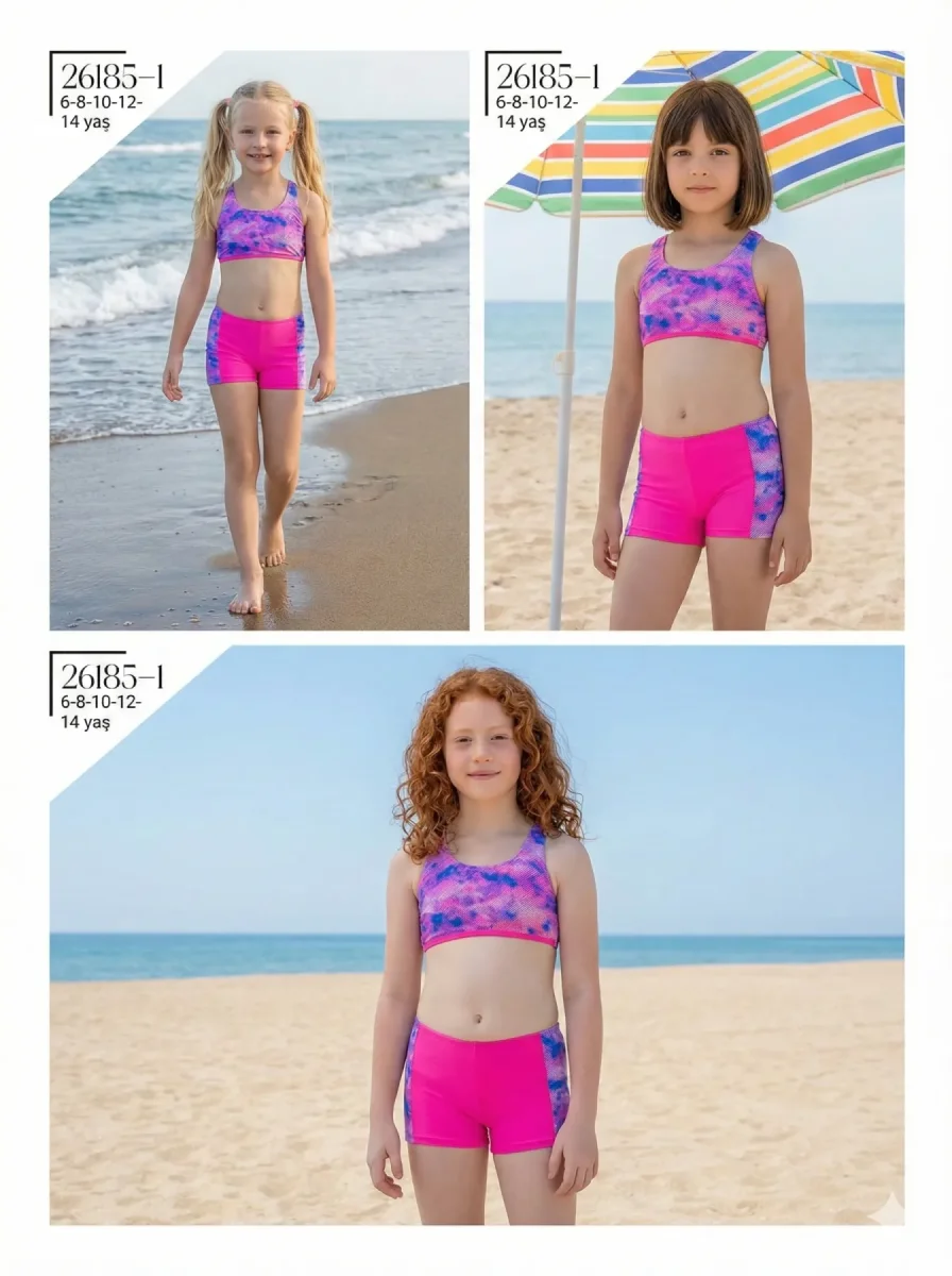 Toptan 2026 Pembe Mor Desenli Kız Çocuk Şortlu Bikini Takımı - İstanbul Mayo - 1