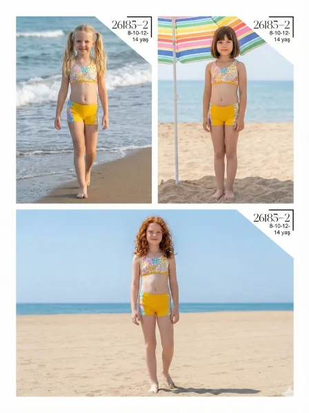 Toptan 2026 Sarı Desenli Kız Çocuk Şortlu Bikini Takımı - İstanbul Mayo - İstanbul Swimwear