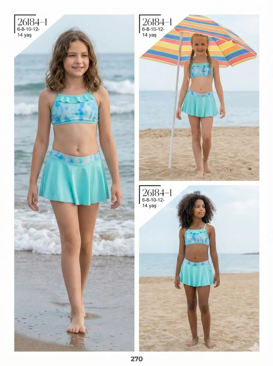 Toptan 2026 Turkuaz Desenli Etekli Kız Çocuk Bikini Takımı - İstanbul Mayo - 1