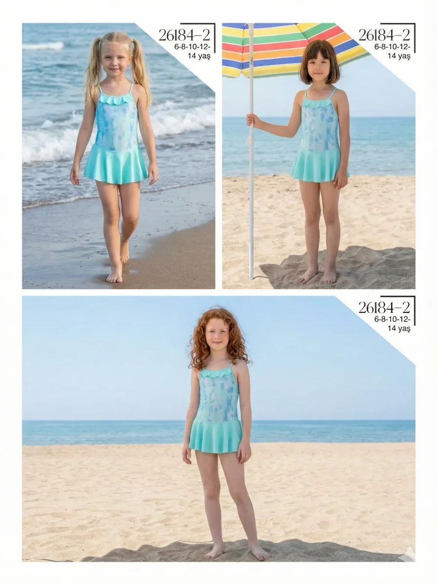 Toptan 2026 Turkuaz Desenli Etekli Kız Çocuk Mayo - İstanbul Mayo - 1