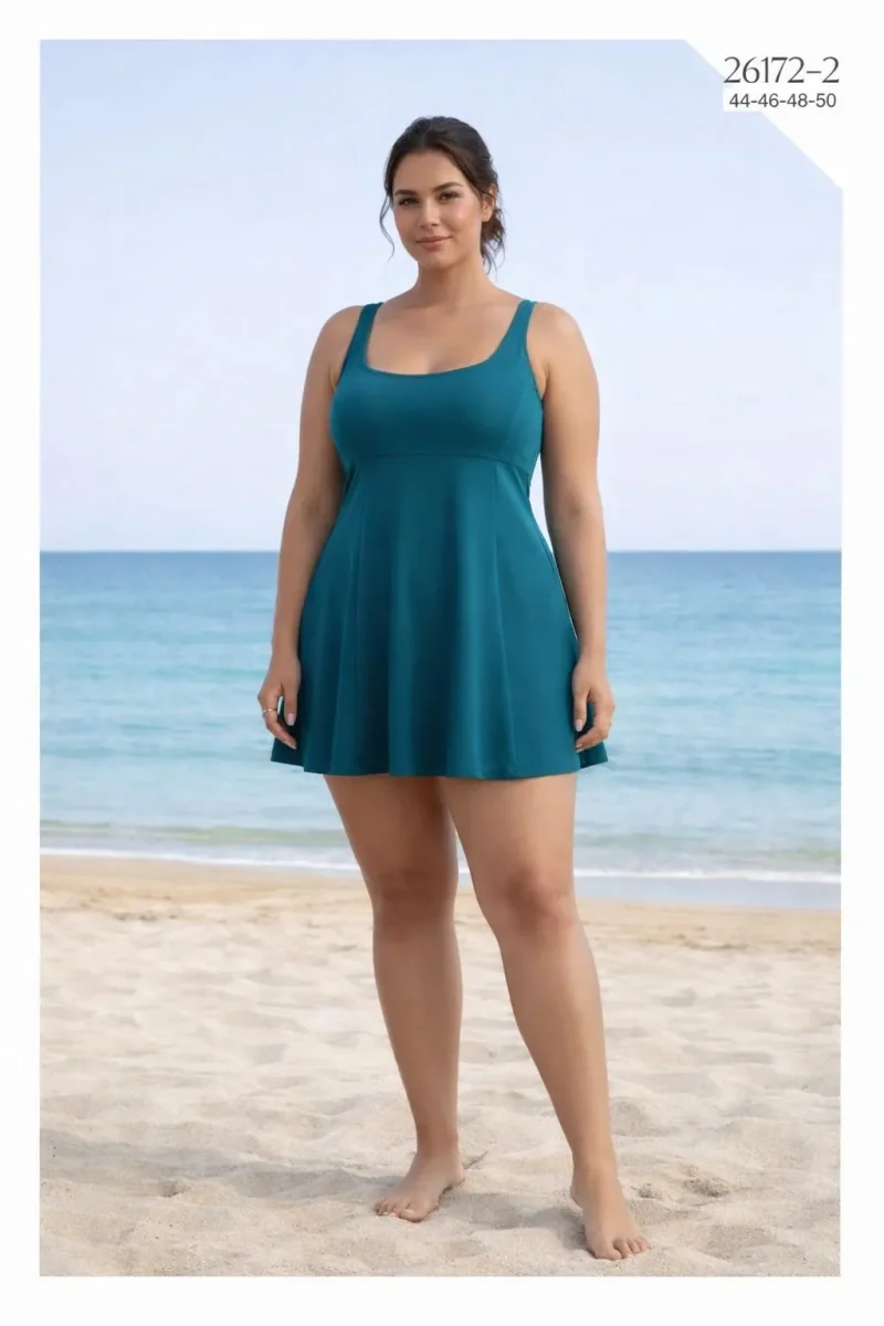 Toptan Büyük Beden Elbise Mayo – Düz Renk Etekli Battal Mayo - 1