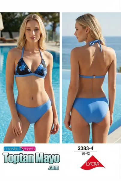 Toptan İstanbul Swimwear Turkuaz Biyeli Çiçek Desenli Üçgen Bikini Takımı (Kod: 2383-8) - İstanbul Swimwear