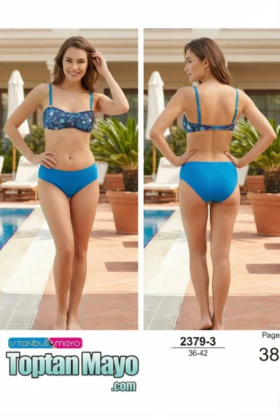 Toptan Kadın Canlı Mavi Çiçek Desenli Straplez Bikini Takımı - İstanbul Swimwear