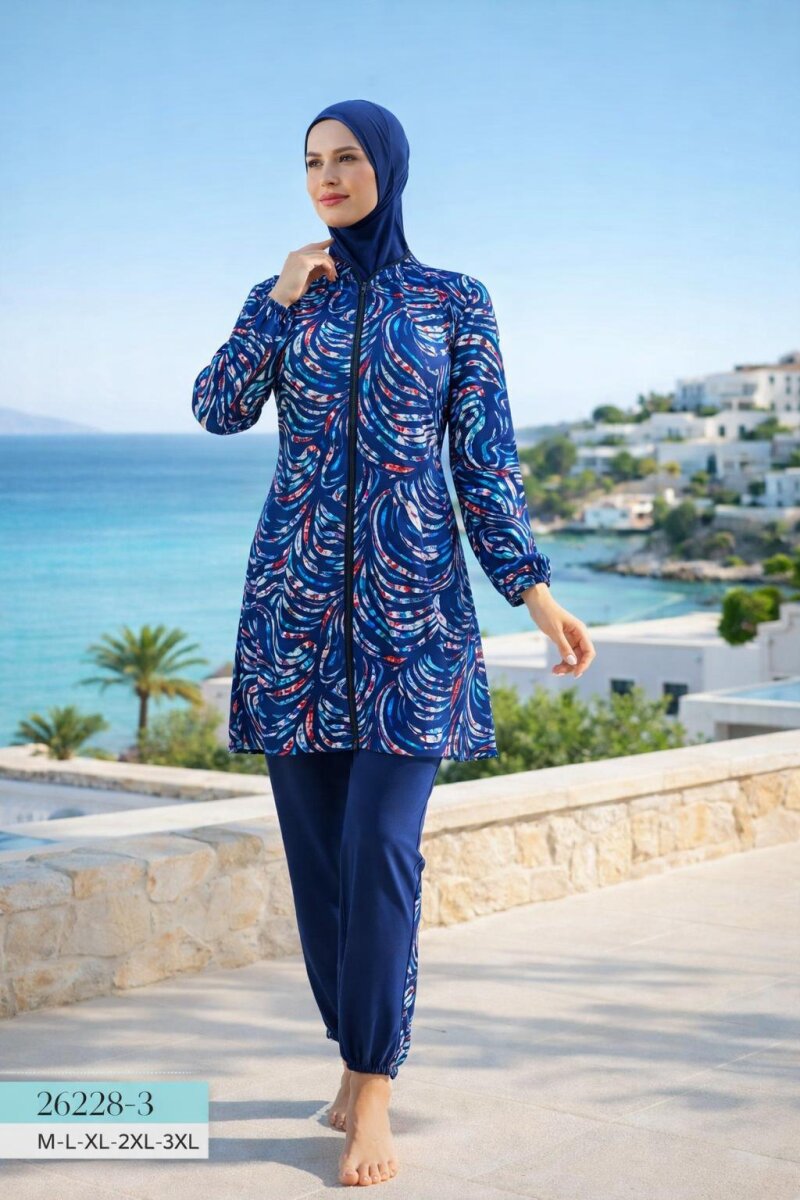 Desenli Spor Kesim Fermuarlı Toptan Tesettür Mayo – Tam Kapalı Model - 1