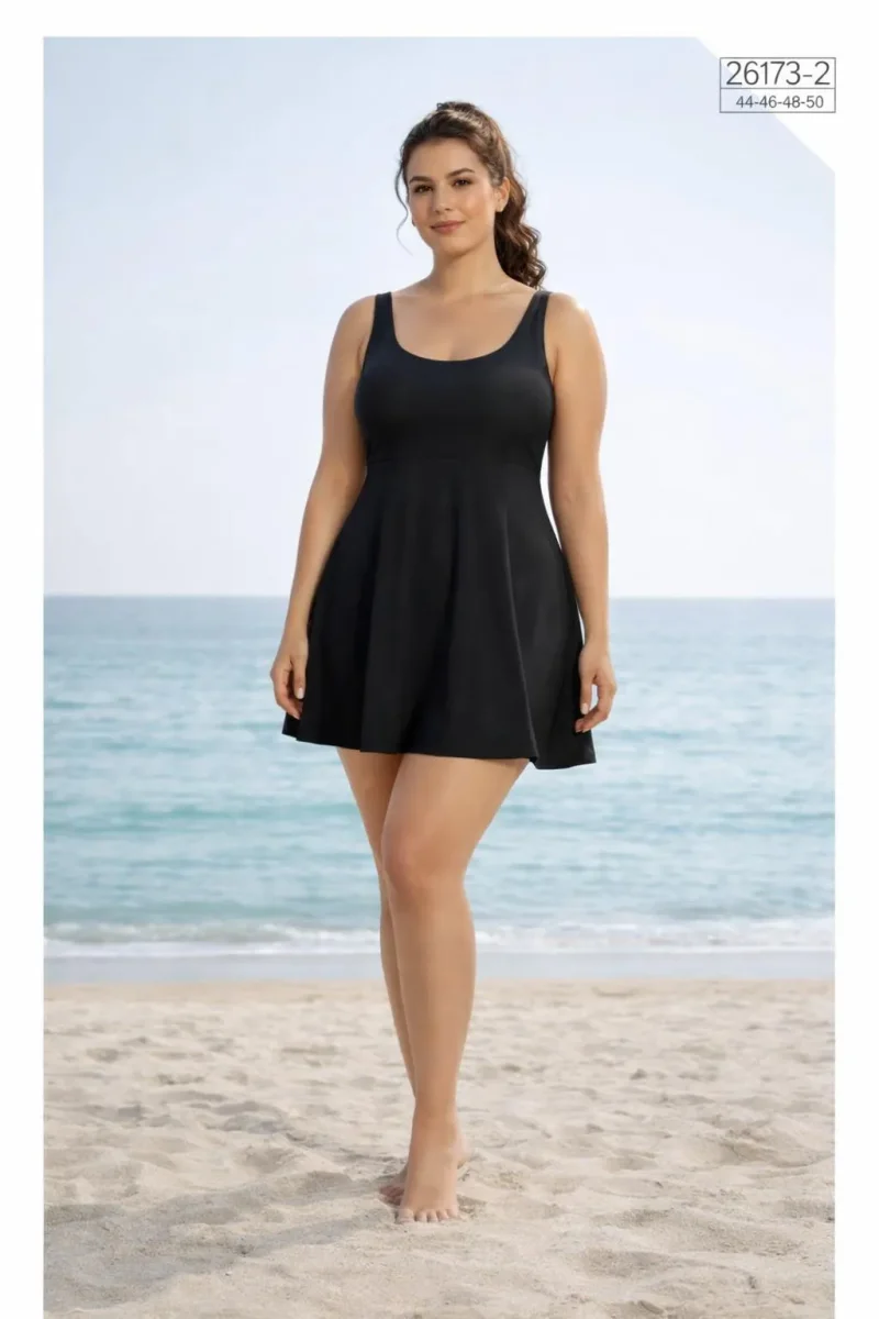Toptan Büyük Beden Elbise Mayo – Düz Renk Etekli Model - 1