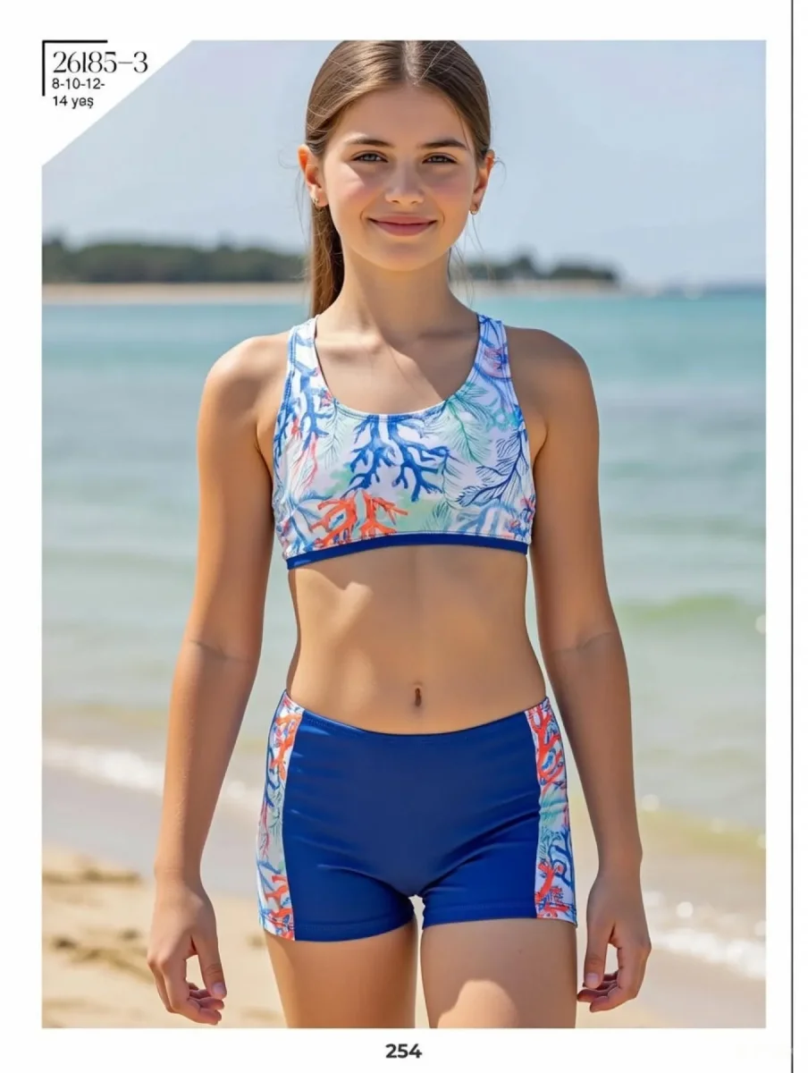 Toptan 2026 Büyük Beden Kız Çocuk Mayo - Lacivert Mercan Desenli Şortlu Takım - İstanbul Mayo - 1