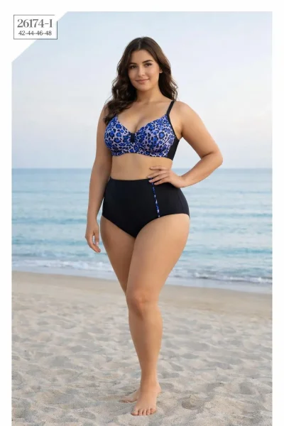 Toptan Büyük Beden Yüksek Bel Desenli Bikini - İstanbul Mayo