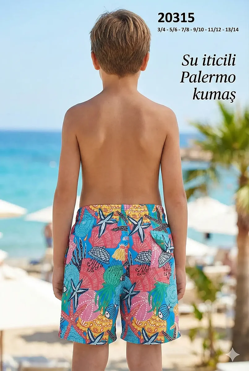 Toptan Erkek Çocuk Deniz Şortu - Su İtici Desenli Palermo Kumaş - 1