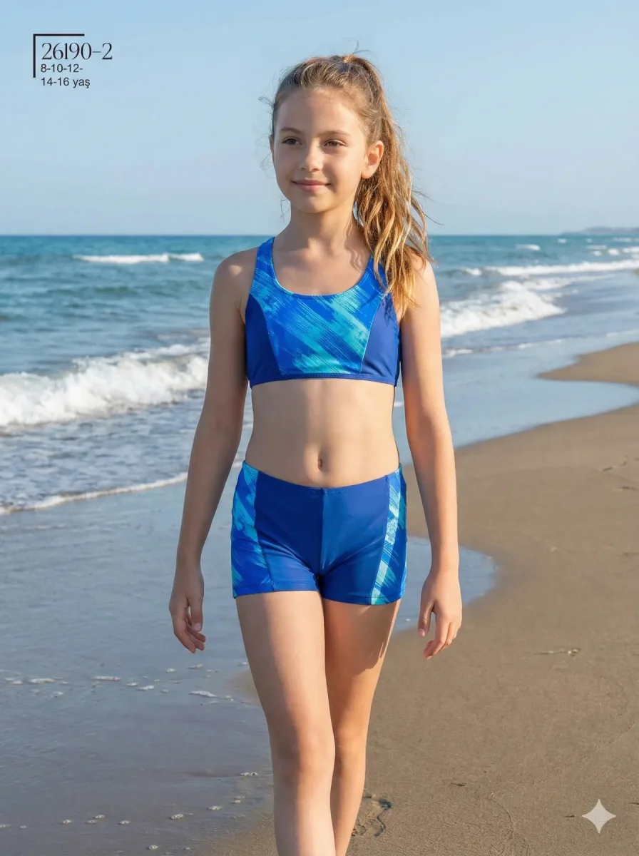 Toptan 2026 Şortlu Kız Çocuk Bikini - Mavi Fırça Darbesi Desenli Model - İstanbul Mayo - 1