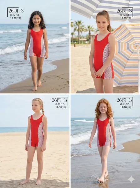 Toptan 2026 Şortlu Kız Çocuk Mayo - Kırmızı Beyaz Çizgili Tulum Model - İstanbul Mayo - İstanbul Mayo