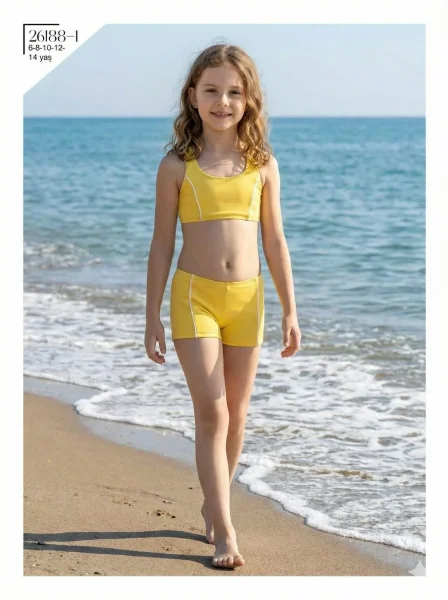 Toptan 2026 Şortlu Kız Çocuk Bikini - Sarı Beyaz Biyeli Model - İstanbul Mayo - İstanbul Mayo