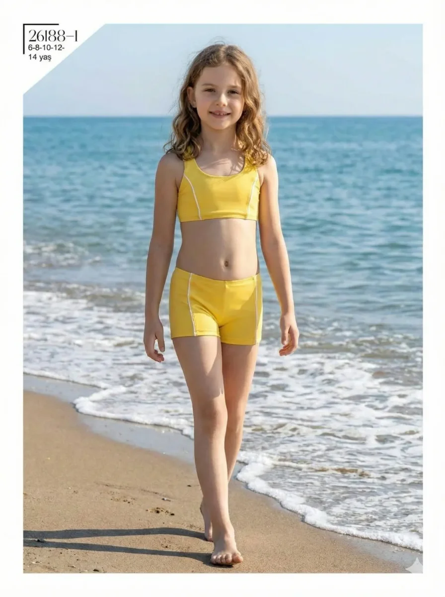 Toptan 2026 Şortlu Kız Çocuk Bikini - Sarı Beyaz Biyeli Model - İstanbul Mayo - 1