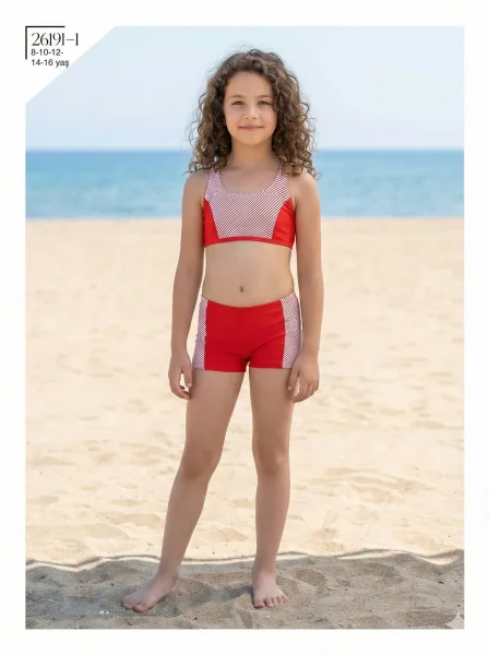 Toptan 2026 Şortlu Kız Çocuk Bikini - Kırmızı Çizgili Model - İstanbul Mayo - İstanbul Mayo